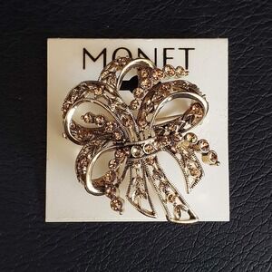Monet Ribbon Brooch Gold Tone with Gold Rhinestones Festive Dressy Holidays NWOT
